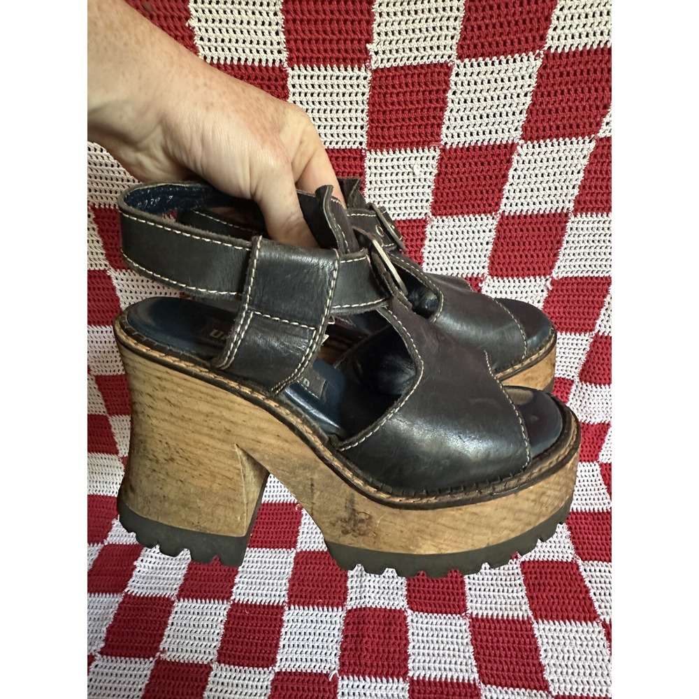 London Underground 7 Womens Black Leather Platform Wooden Chunky Heel Vintage